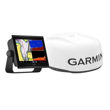 Garmin Chart plotter with radar dome and screen split in three sections , one section is a fish finder traditional , second section is the clear view fish finder and the last section is the navigational charts
