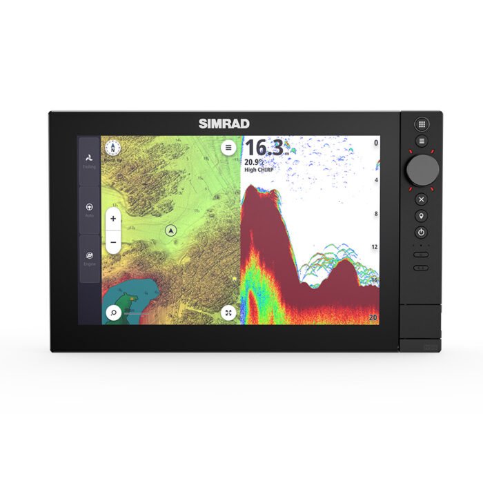 Simrad NSS Multi Function Screen Half screen has fish finder dark red bottom image and other side with 3D charts
