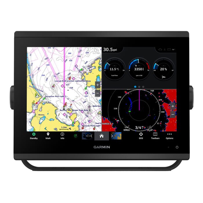 Garmin GPSMAP Multi function screen divided in 3 sections. one screen showing charts 2nd screen is the radar with black background and red targets. Last screen are the vessels gauges.