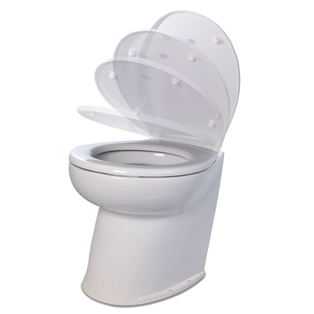 Jabsco Deluxe Flush 14" Angled Back 24V Raw Water Electric Marine Toilet w/Remote Rinse Pump & Soft Close Lid 98019XL